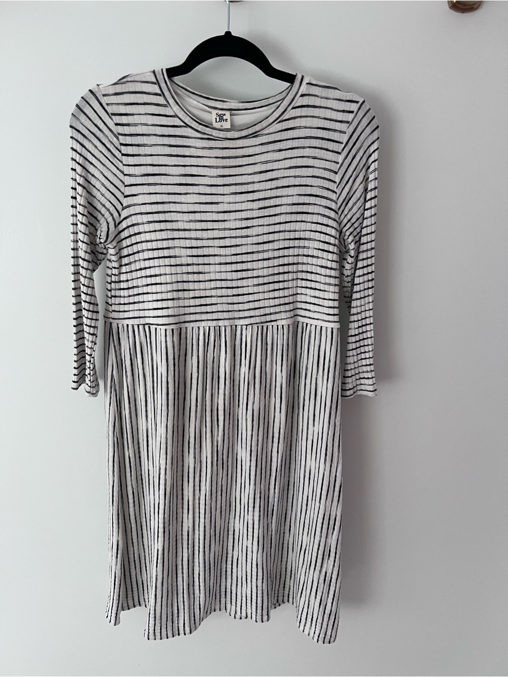 Sew In Love White Maternity Dress with Black Stripes Long Sleeve Babydoll